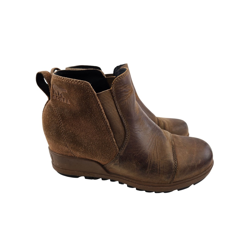 Sorel Evie II Chelsea Dark Tan Leather Waterproof Wedge Ankle Boots US 7 EU 38